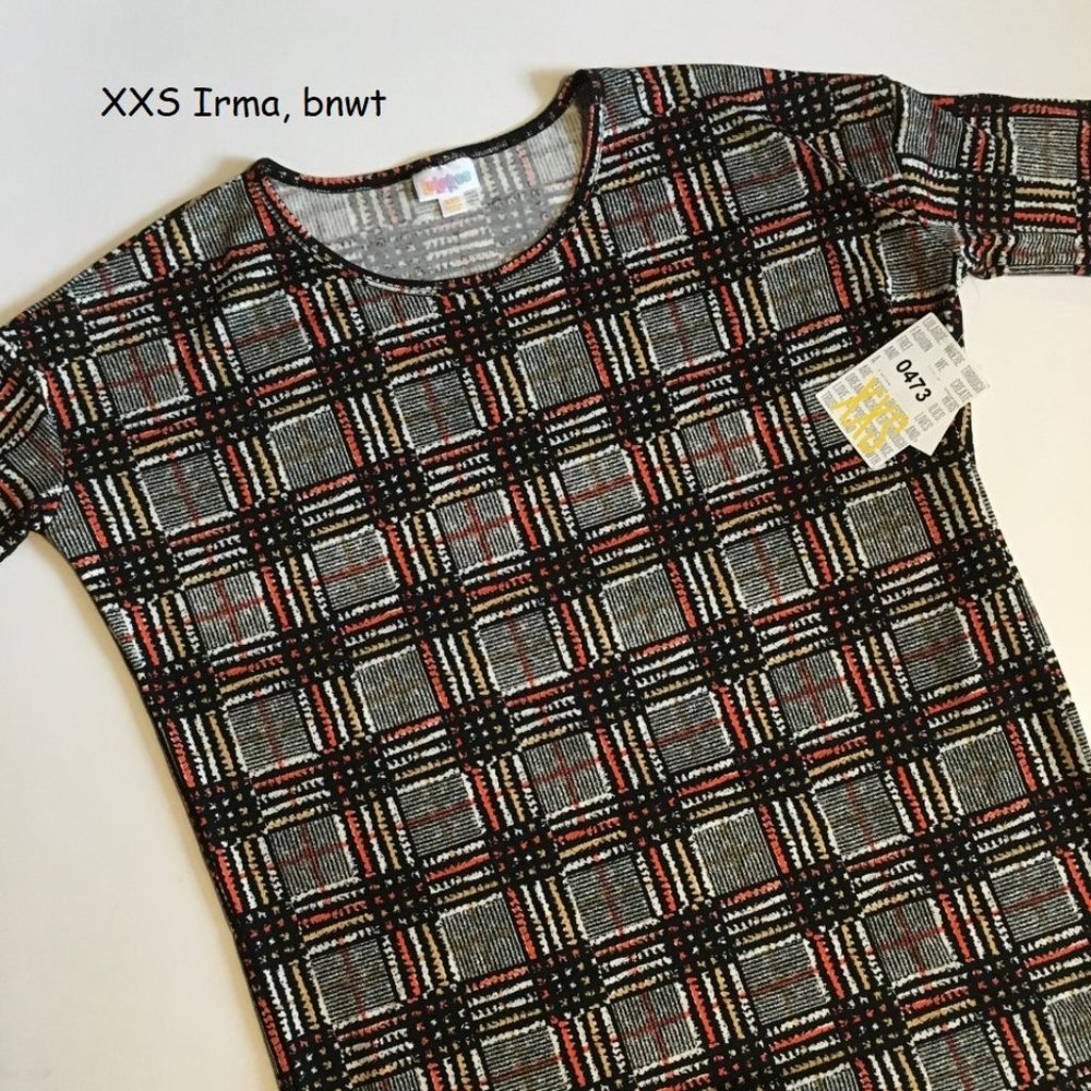XXS Lularoe Irma tunic.  Orange and black plaid.